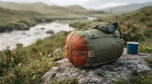 A compact lightweight down sleeping bag compressed inside a stuff sack next to a 35L rucksack for wild camping.