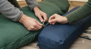 A pair of hands zips two separate sleeping bags together to create a double sleeping bag.