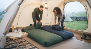Versatile zip-together sleeping bags shown unzipped into two individual single bags.