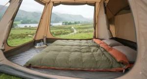 A cosy tent setup featuring a double sleeping bag for couples overlooking a scenic British campsite.