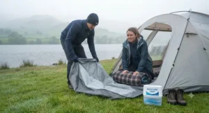 Campers packing up their gear in misty British weather, demonstrating the importance of a moisture absorber for a tent.