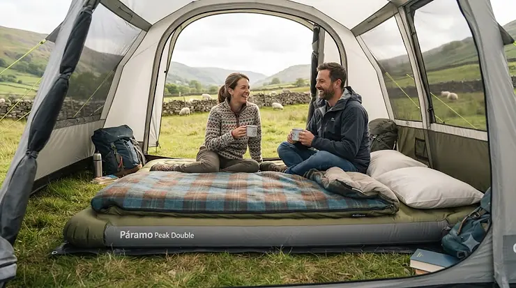 A comfortable double self-inflating camping mat laid out inside a tent at a British campsite, ideal for couples camping in the UK. double self-inflating mat for couples