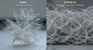 Diagram showing natural down clusters compared to synthetic insulation fibres.