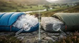 Close-up illustration comparing down and synthetic insulation in outdoor sleeping gear.