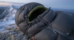 Side-by-side comparison of duck down and synthetic fill materials used in winter sleeping bags to retain body heat.