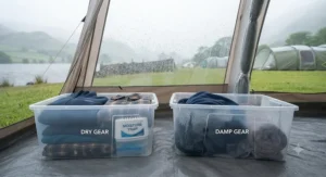 Camping gear kept safe and dry inside a humid tent using an effective moisture absorber for a tent.