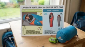 Comparison display showing a rectangular envelope-style sleeping bag laid fully open next to a tapered mummy-style sleeping bag, with text explaining their different uses for indoor camps and colder weather.