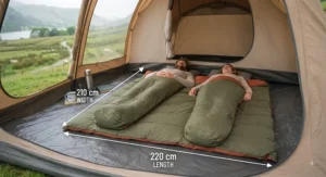 Diagram showing the generous dimensions of a double sleeping bag designed to comfortably fit two adults.