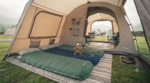 Multiple zip-together sleeping bags arranged in a large family tent layout for a UK campsite holiday.