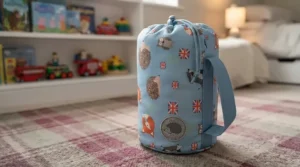 A packed character sleeping bag for kids with a handy carry handle for easy storage.