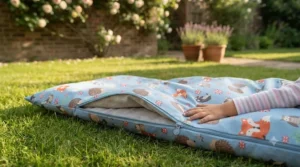 Kids' character sleeping bag laid out on the grass for a fun garden sleepover in the summer.