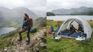Illustration showing a hiker with a mummy bag on a trail versus a family with rectangular bags at a campsite.