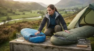 A camper deciding between a summer and 3 season sleeping bag in a UK outdoor gear shop.