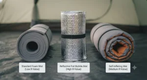 Diagram showing the effective layering system for camping: tent floor, reflective ground insulation sheet, and sleeping mat for maximum warmth.