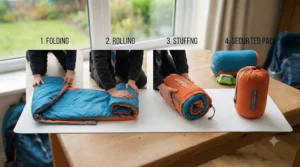 Step-by-step guide using a sequence of four photos to demonstrate how to fold, roll, stuff, and secure a junior sleeping bag into a compact compression sack.