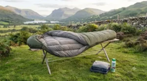 A clean synthetic sleeping bag hung out to dry after being washed following a weekend camping trip.