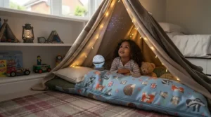 Young child enjoying an indoor camping adventure inside a fun character sleeping bag for kids.