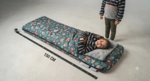 Side-by-side comparison showing the sizing dimensions of a junior sleeping bag suitable for toddlers and older children.