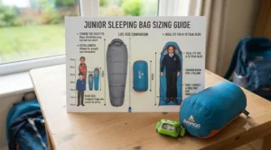 Size comparison guide showing a life-size silhouette of a 165cm junior sleeping bag next to a 210cm adult bag, with a child in school uniform demonstrating the correct fit.