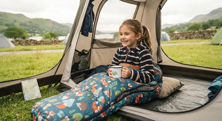 Colourful kids sleeping bag unrolled in a family tent during a UK camping trip, designed for cosy outdoor adventures. kids sleeping bag