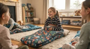 Cosy kids sleeping bag laid out on a living room rug during a fun indoor sleepover with friends.