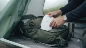 Person packing a compact, lightweight dehumidifier into a rucksack.