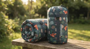 Lightweight kids sleeping bag neatly compressed inside its matching travel stuff sack, ready for a weekend trip.