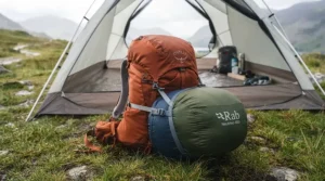 A compact, lightweight mummy sleeping bag being packed into a stuff sack for hiking.
