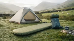 An inflated self-inflating backpacking mat laid out inside a lightweight two-person tent pitch in a Lake District campsite.
