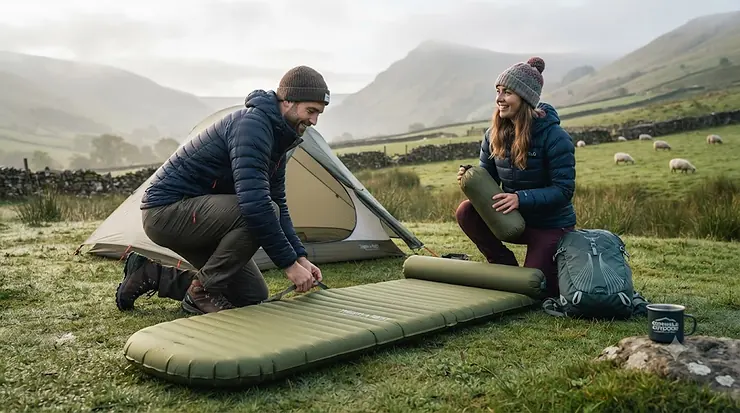 A lightweight self-inflating mat rolled up beside a hiking backpack on a grassy Scottish Highland ridge at sunrise. lightweight self-inflating mat for backpacking