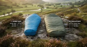 A hiker packing a compact sleeping bag into a rucksack, illustrating portability for different seasons.