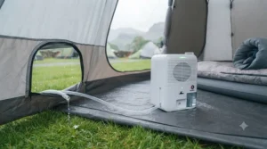 An interior shot of a dry and cosy family tent setup, maintained by a portable tent dehumidifier.