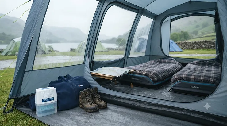 A compact moisture absorber for a tent placed inside a camper's gear setup on a wet camping trip in the UK. moisture absorber for tent