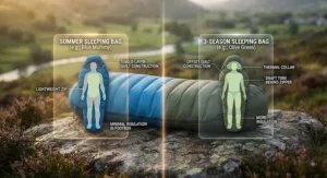 Scenarios showing a summer bag used in a campsite versus a 3 season bag in a hilly UK environment.