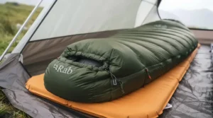 Side view showing the tapered shape of a mummy sleeping bag designed to retain heat.