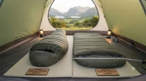Diagram comparing the thermal efficiency of a fitted mummy shape versus a roomy envelope camping bag.