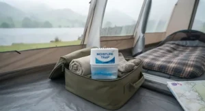A portable, spill-proof moisture absorber for a tent packed alongside outdoor gear for a weekend trip.