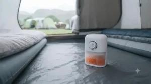 Close-up view of a small, battery-operated dehumidifier sitting on a groundsheet inside a sleeping tent.