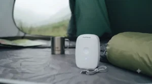 Sleeping bag inside a tent with a silent mini dehumidifier running.