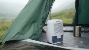 Close-up of a dry tent inner wall with a mini dehumidifier nearby.