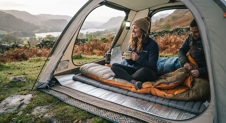 A couple enjoying a hot drink inside a tent, showcasing reflective ground insulation layered beneath a sleeping mat to provide heat retention in a rugged, natural British landscape. reflective ground insulation camping