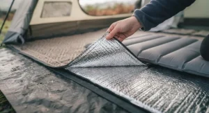 A lightweight roll of reflective ground insulation strapped securely to the outside of a hiking backpack, set against a backdrop of the British hills, perfect for wild camping.