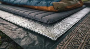 A side-by-side comparison illustrating the different R-values of reflective ground insulation versus standard foam mats and self-inflating mats.