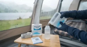 A reusable moisture absorber for a tent showing water collected in the lower basin reservoir.
