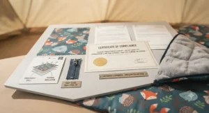 Certified hypoallergenic and child-safe materials laid flat to show the breathable, durable outer shell of a kids sleeping bag.
