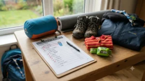 Illustrated checklist on a clipboard detailing essential items for a school camping trip, with ticks next to 'Sleeping Bag', 'Roll Mat', 'Waterproof Jacket', 'Walking Boots', 'Pyjamas', 'Headtorch', and 'Wash Kit'.