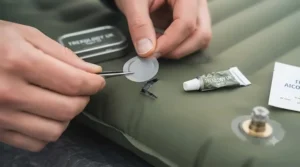 Hands using a puncture repair patch and adhesive on the waterproof polyester shell of a self-inflating sleeping mat.