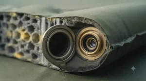 Close-up of a high-flow brass valve open on a self-inflating sleeping mat as air fills the internal foam.