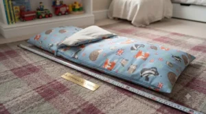 Size guide and length dimensions for a comfortable character sleeping bag for kids.