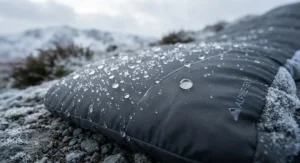 A winter sleeping bag laid out securely on top of an insulated sleeping mat with a high R-value for cold weather camping.